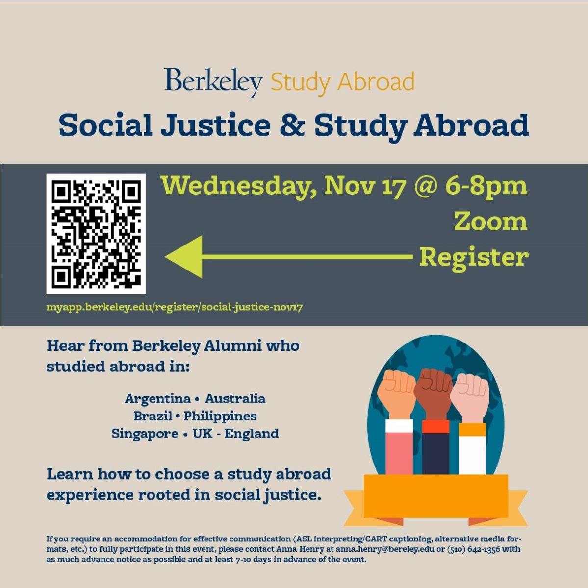 Social Justice and Study Abroad Graphic with event date, time and description